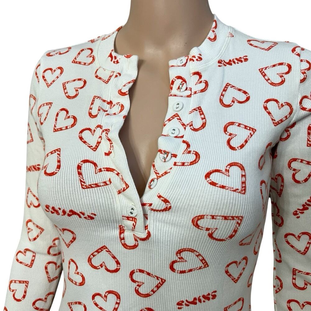 Skims Cotton Rib Henley Tshirt Small Candy Heart Print Long Sleeve Loungewear - Picture 2 of 9
